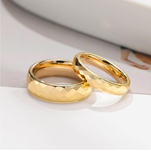 UNISEX - 4mm Tungsten Gold Wedding Band ~ Mens Womens Faceted Bridal Band - Picture 10 of 15